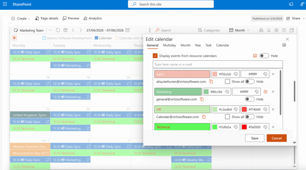 SharePoint calendar edit dialog showing resource calendars configuration with team names and email addresses.