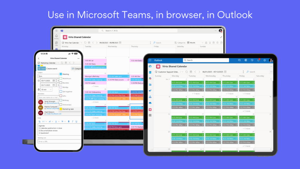 Virta Shared Calendar displayed across Microsoft Teams, browser, and Outlook on multiple devices.