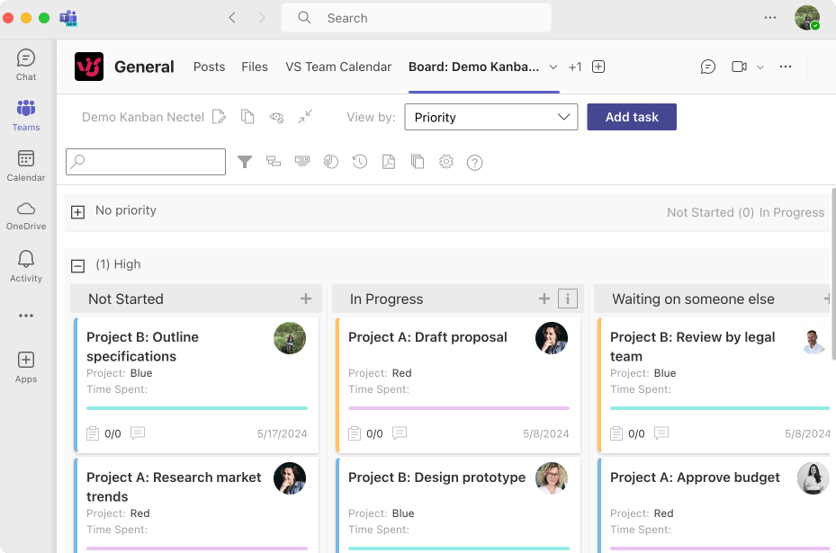 Kanban board integrated into Microsoft Teams as a tab in a dedicated channel.