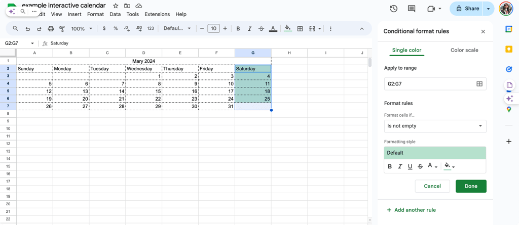 Color-coding weekends in your newly created Google Sheets calendar.