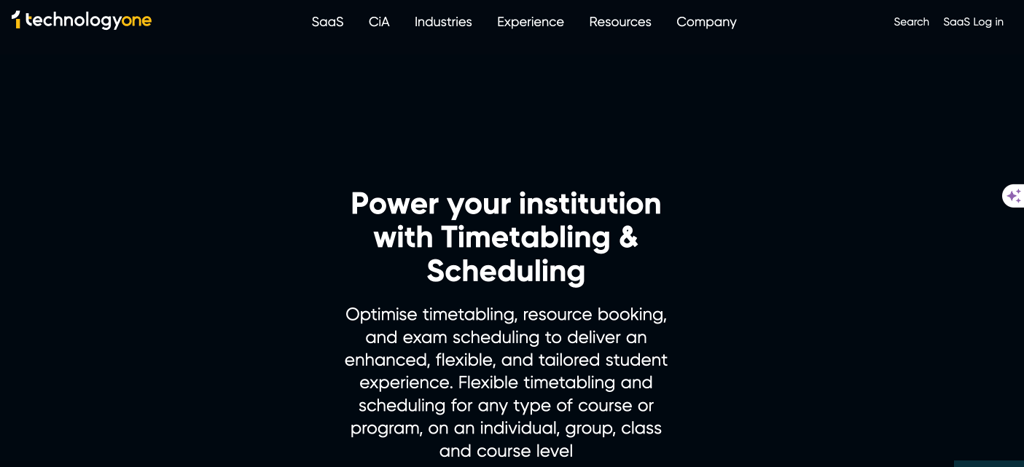 TechnologyOne timetabling and scheduling software homepage with main headline and description.