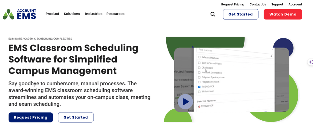 EMS classroom scheduling software interface showing room selection and feature filters for campus management.