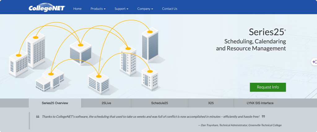 Series25 scheduling software interface showing connected buildings with network nodes and resource management features.