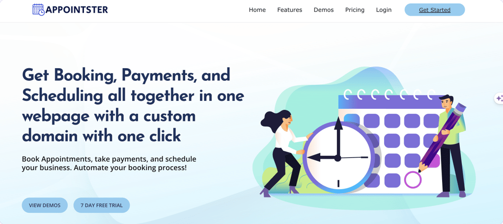 Appointster booking software homepage with scheduling calendar interface and cartoon characters managing appointments.