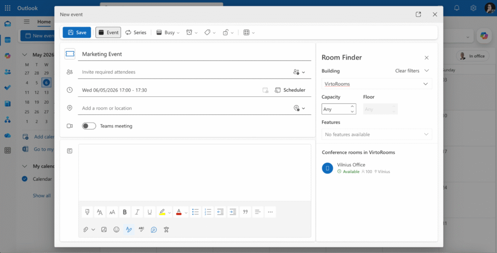 Outlook Room Finder reading from Exchange room mailboxes — the booking layer behind the scenes.