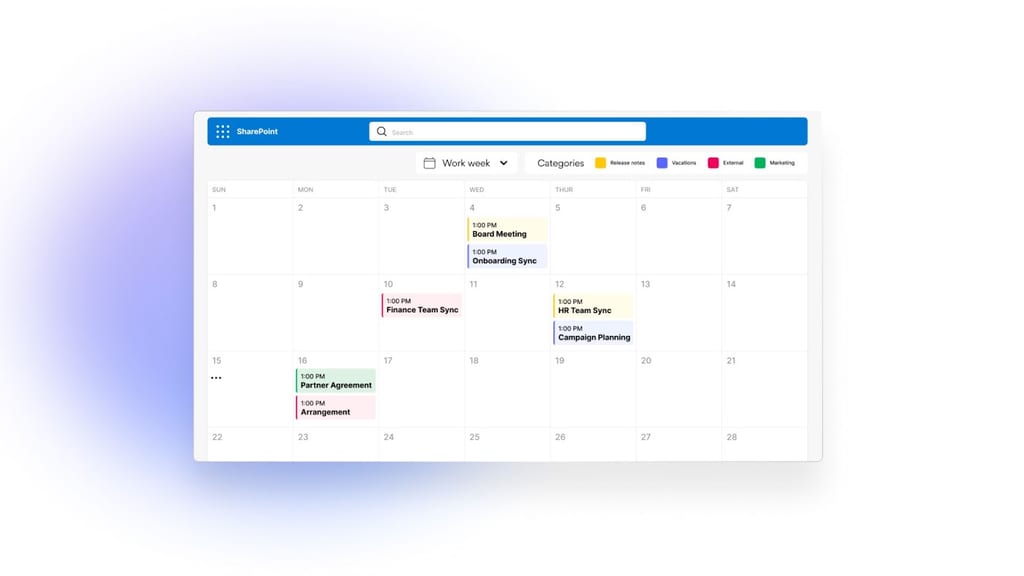 SharePoint calendar displaying a work week schedule with multiple meetings and color-coded categories.