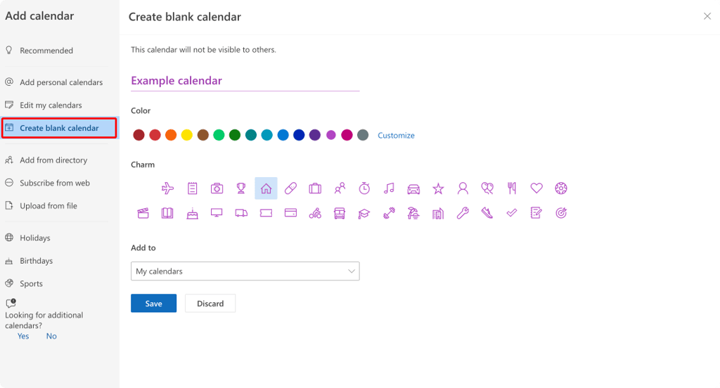 Click on ‘Create blank calendar’, name your new calendar, and choose where to store it.