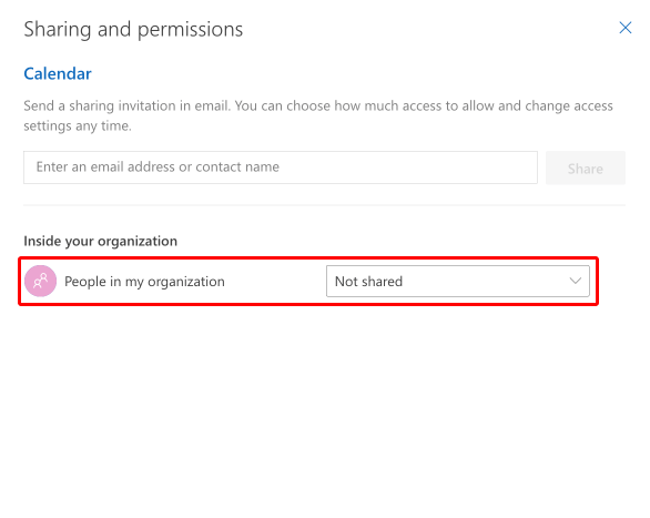 Choosing “Not shared” for maintaining calendar privacy.