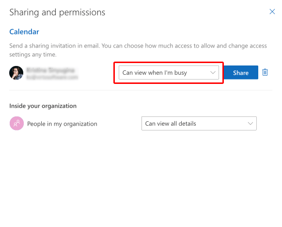 Sharing a calendar with adjusted permissions settings.