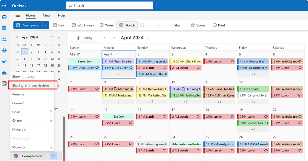 Right-click your calendar and select ‘Sharing and permissions’.