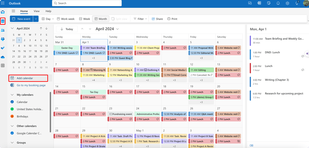 Click on ‘Calendar’ and then to ‘Add calendar’