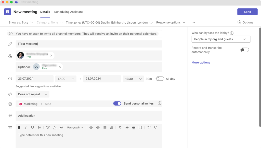 Fill in your meeting details.