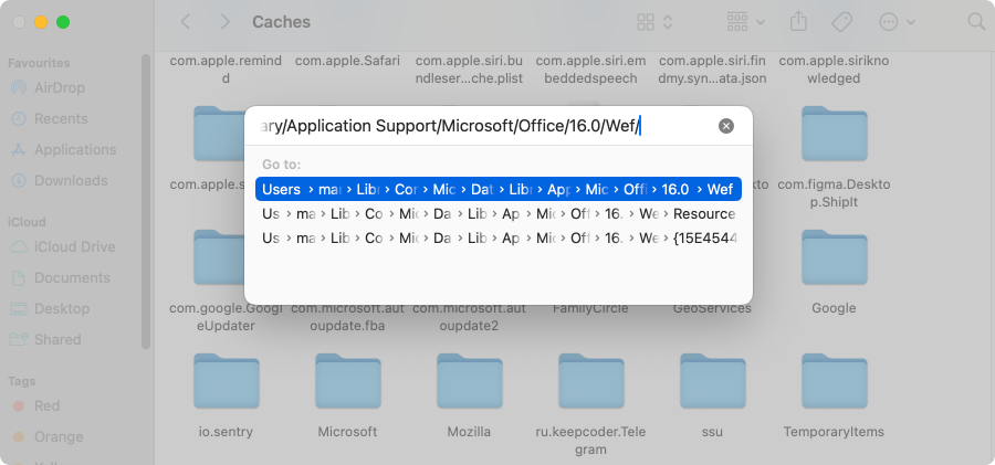 Clearing Outlook cache on Mac through Finder.