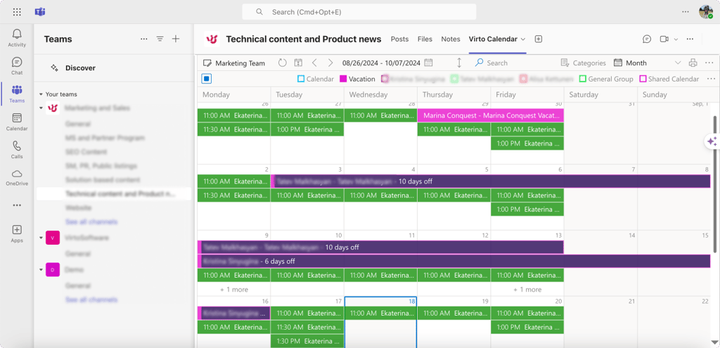 Viewing Virto Calendar in Microsoft Teams.
