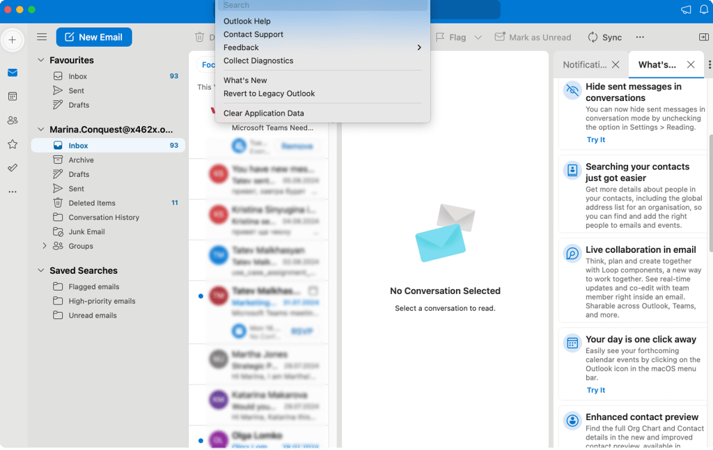 Looking for help and feedback submission in Outlook for Mac.