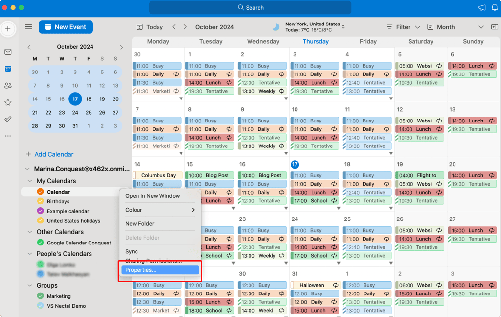 Navigating to calendar properties in Outlook for Mac.