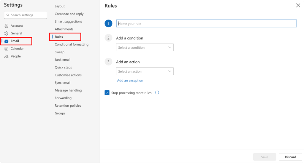 Pic. 19. Navigating to rules in OWA.
