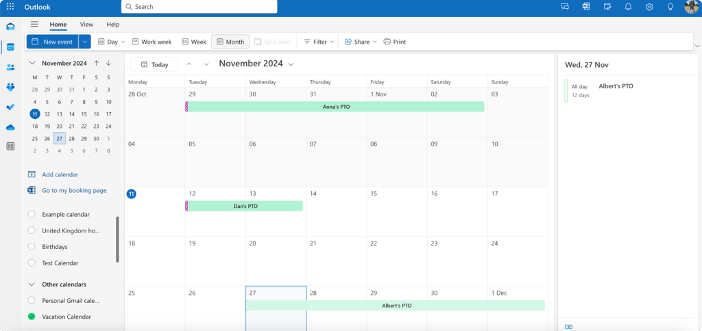 Navigating to the newly added vacation calendar in OWA.