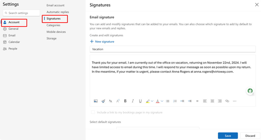 Pic. 12. Configuring your PTO signature in OWA.