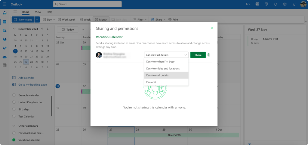 Pic. 7. Sharing your vacation calendar with colleagues in OWA.