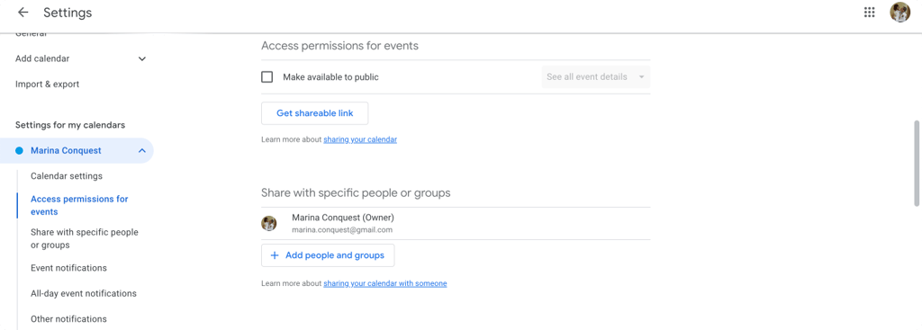 Pic. 3. Checking “Access permissions” in Google calendar.