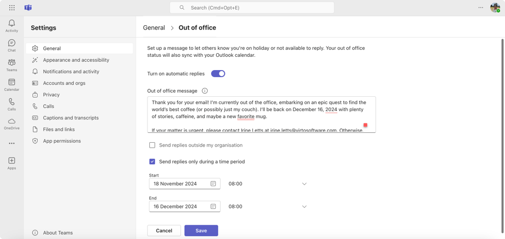 Pic. 3. Configuring your status and OOO message in Microsoft Teams.