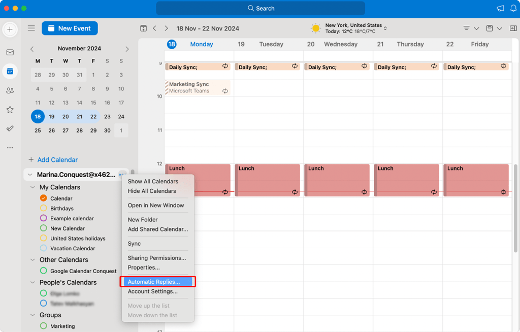 Pic. 5. Navigating to “Automatic replies” in Outlook for Mac.