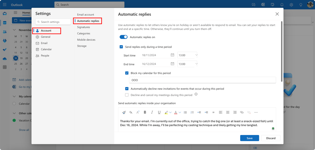 Pic. 8. Configuring your automatic reply on OWA.