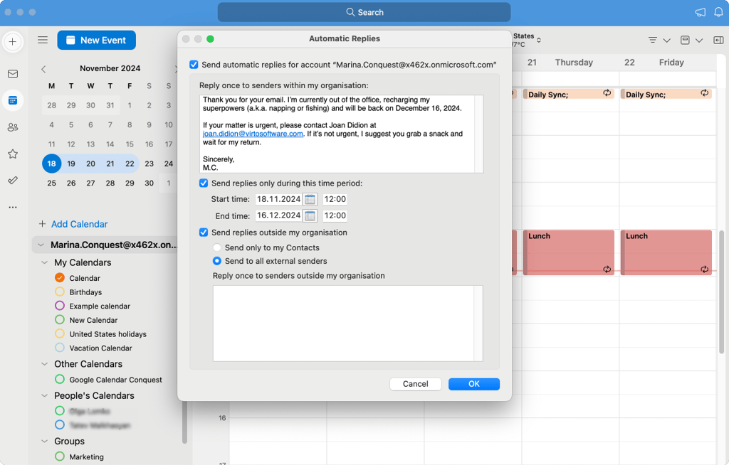 Pic. 6. Configuring your automatic reply on Outlook for Mac.