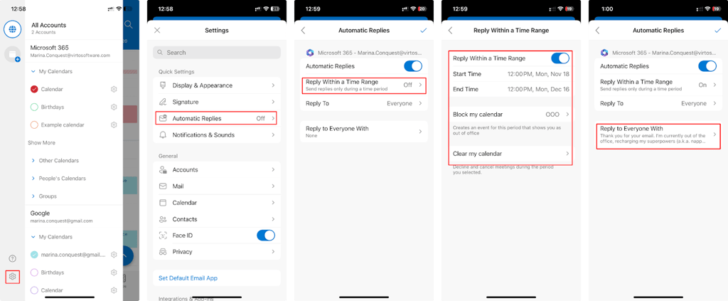 Pic. 7. Configuring your automatic reply on Outlook for mobile.