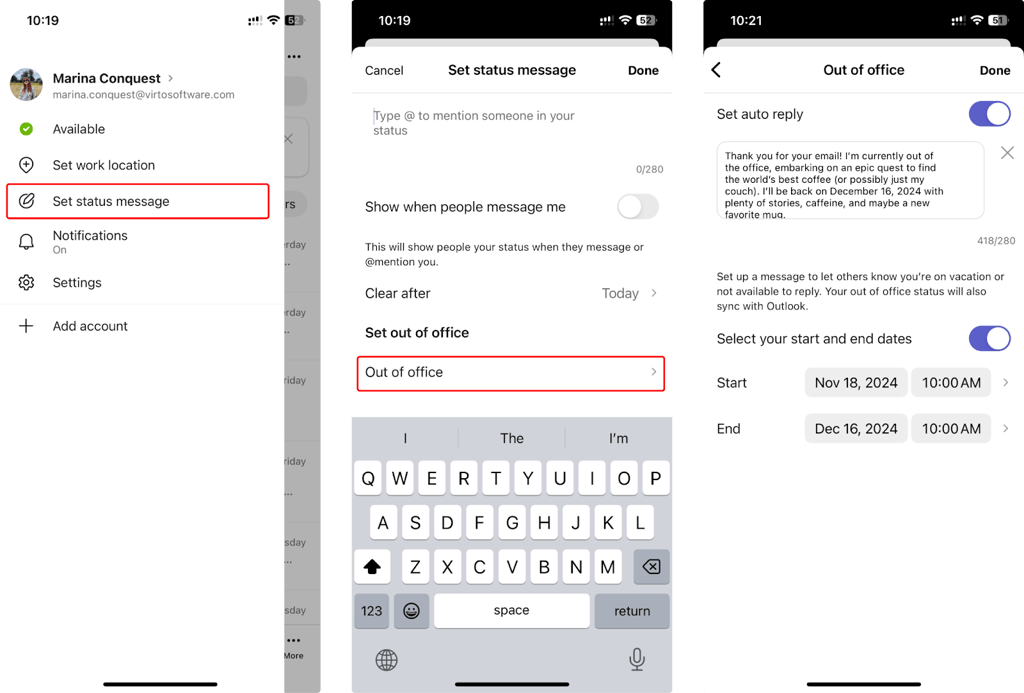 Pic. 4. Configuring your OOO message in Microsoft Teams for mobile.