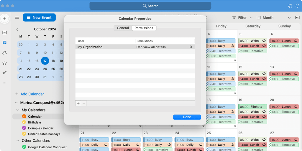Checking permissions in Outlook for Mac.