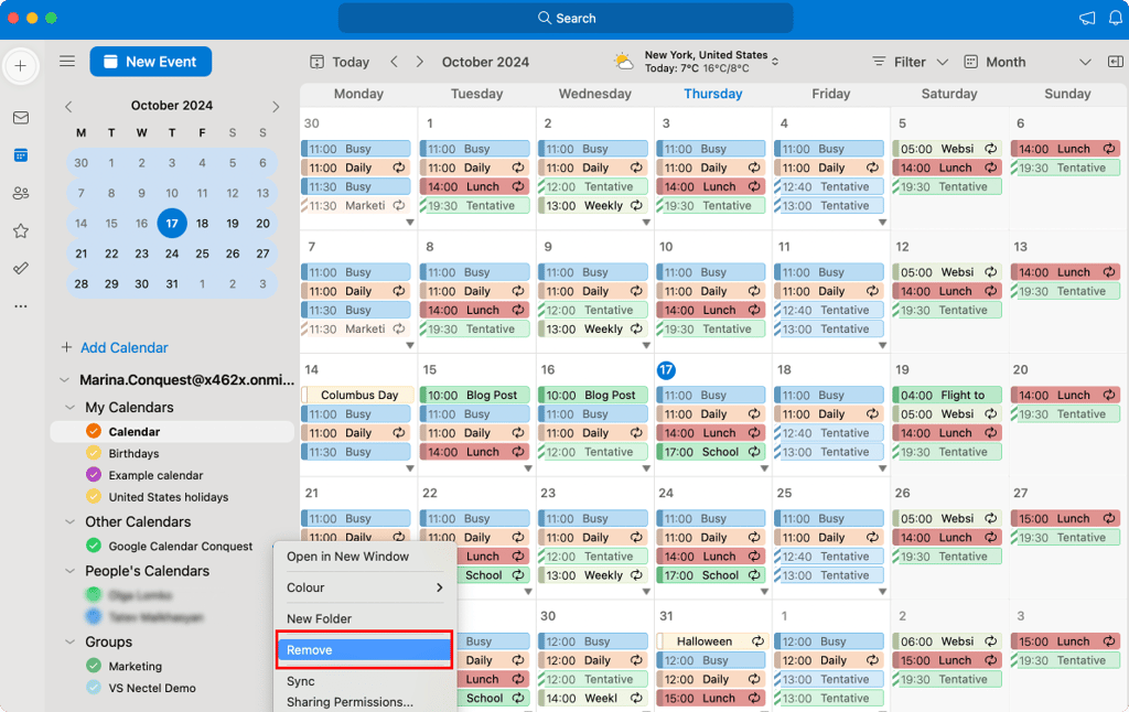 Removing calendar in Outlook for Mac.