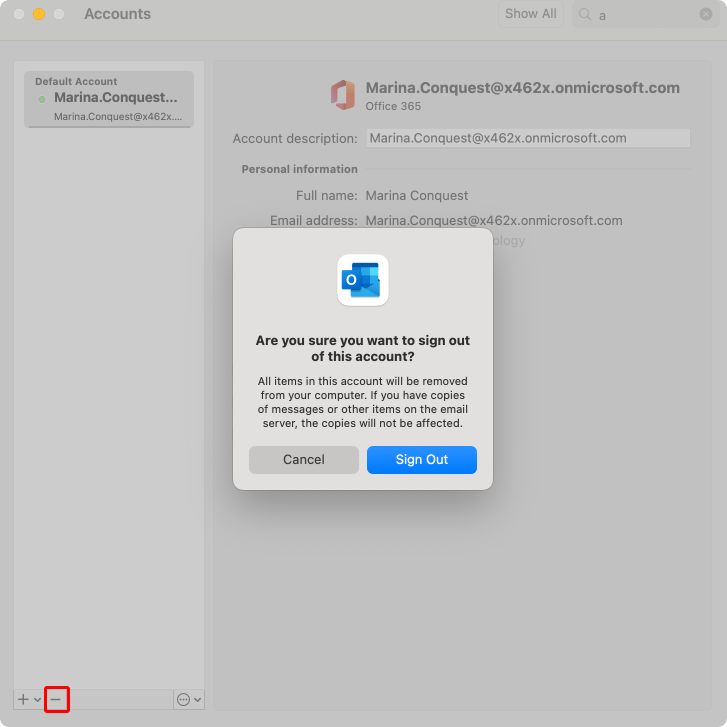 Removing Outlook account on Mac.