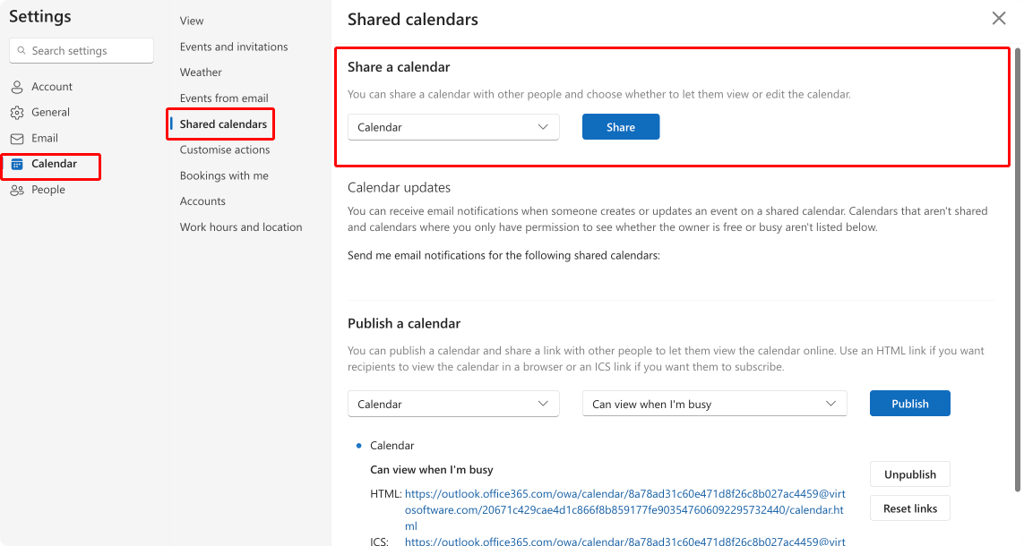 Pic. 1. Navigating to the “Shared calendars” option in OWA.