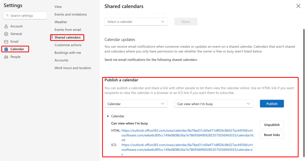 Pic. 5. Publishing your calendar in OWA.