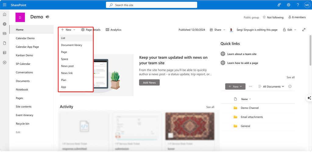 Pic. 5. Creating a new list on a SharePoint site.