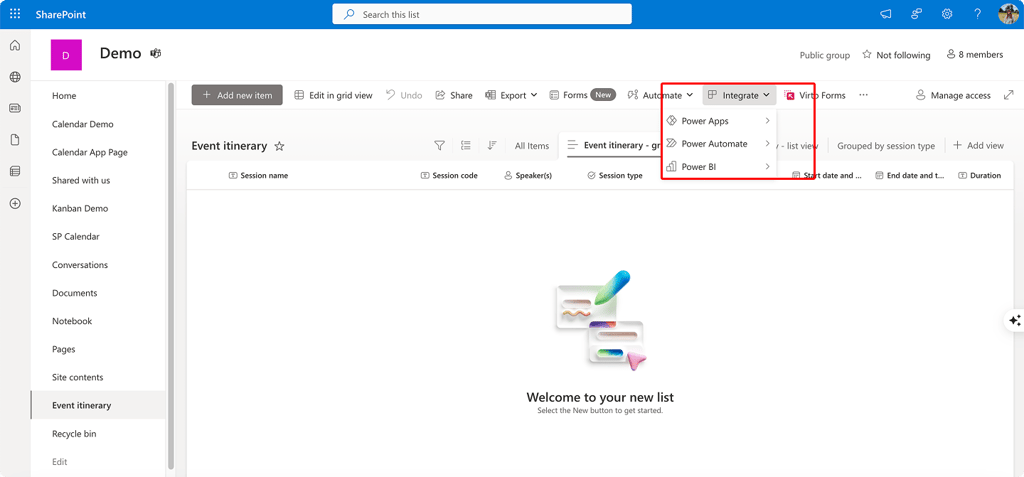 Pic. 1. Navigating to “Integrate” section of a SharePoint list.