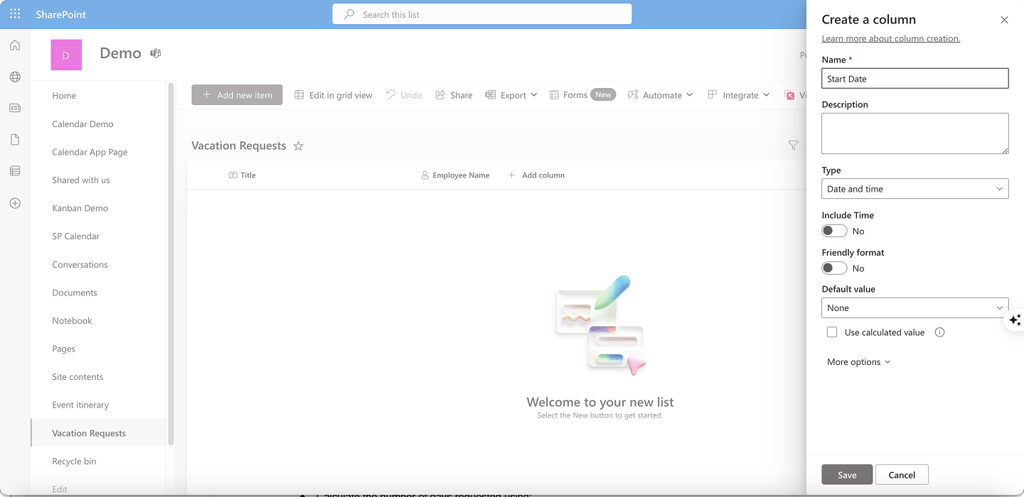 Pic. 6. Creating new columns within a SharePoint list.