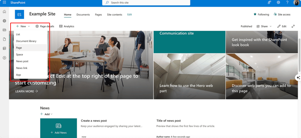 Adding a new list, document library, page, etc