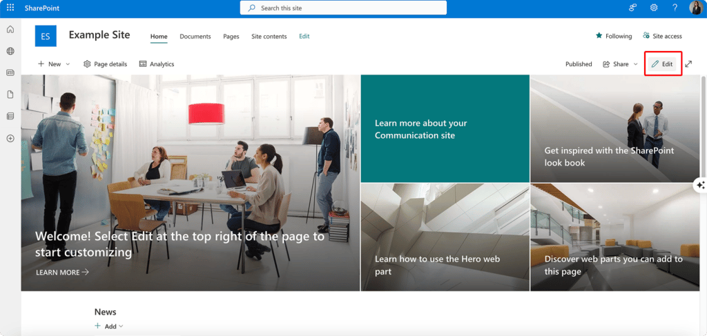 Locating the “Edit” button for editing your site