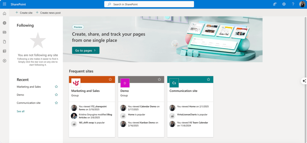 SharePoint landing page