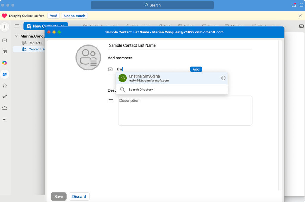 Adding members to sample contact list on Outlook for Mac