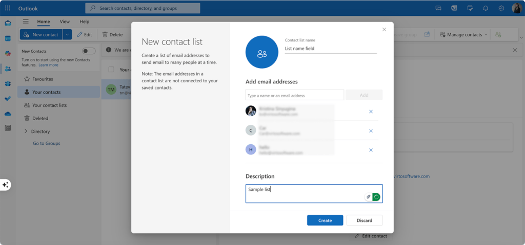 Creating a sample email list in Outlook for the web