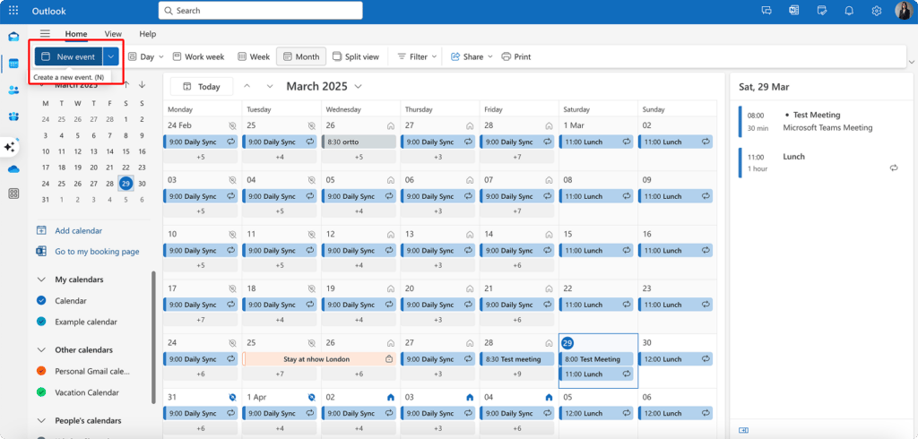 Navigating to “New event” in Outlook for the web