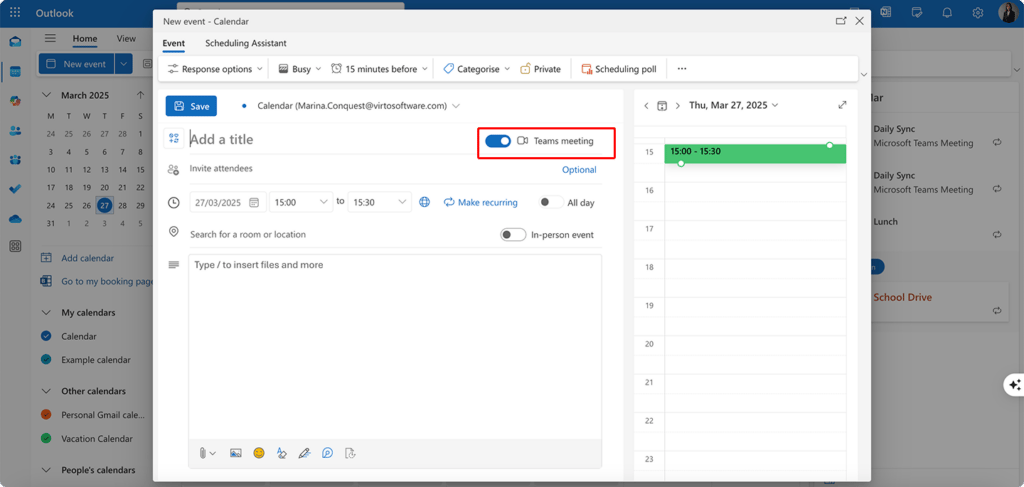 Toggling on “Teams meeting” option