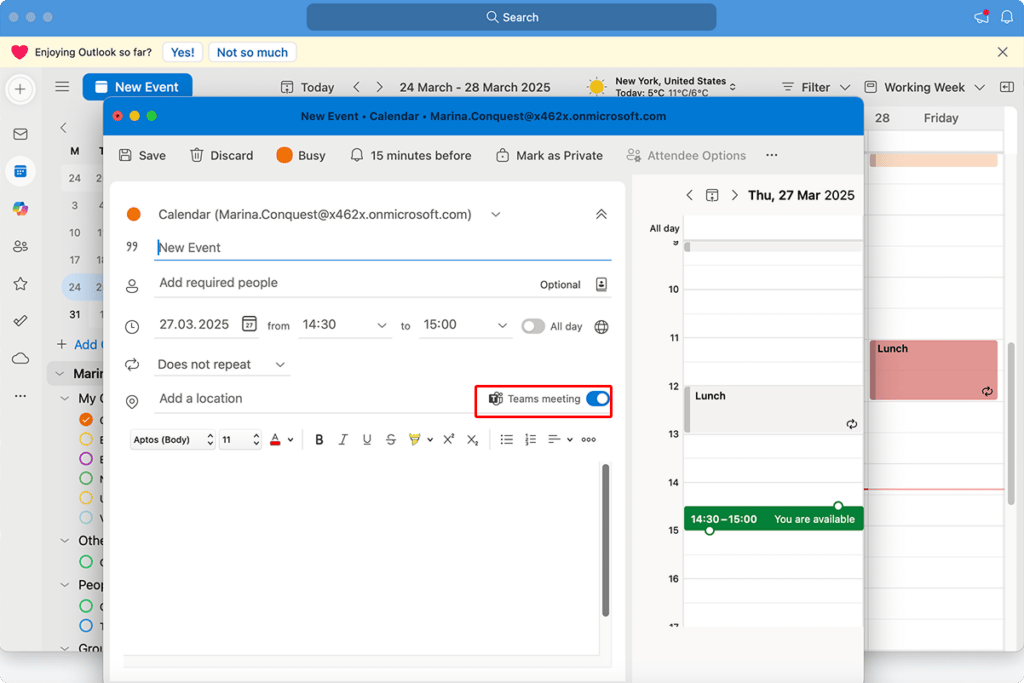 Toggling on “Teams meeting” option in Outlook for Mac