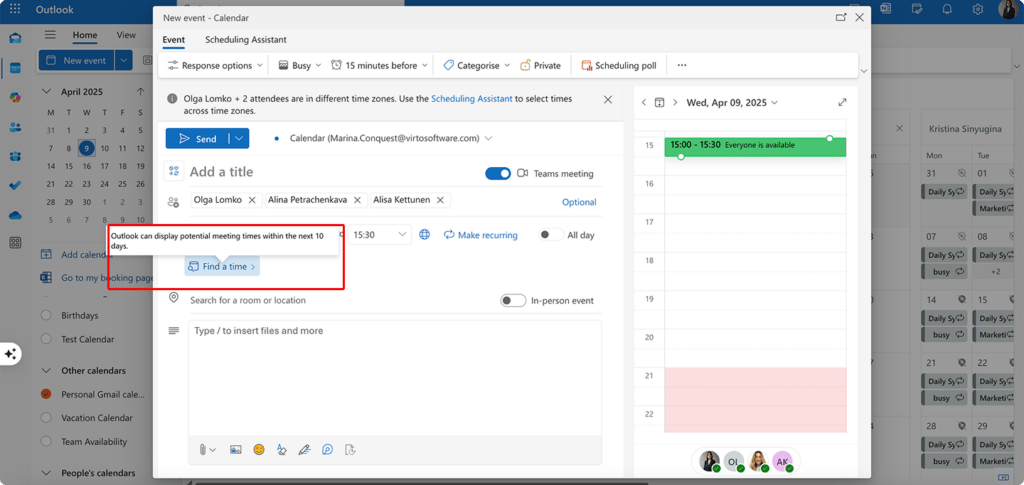 Navigate to the “Find a time” option in Outlook for the web