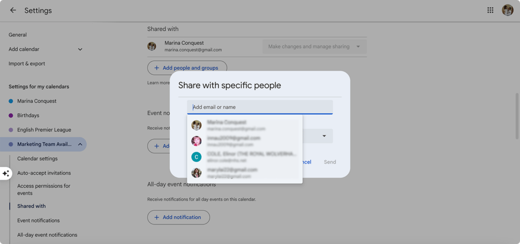 Sharing your calendar with specific people