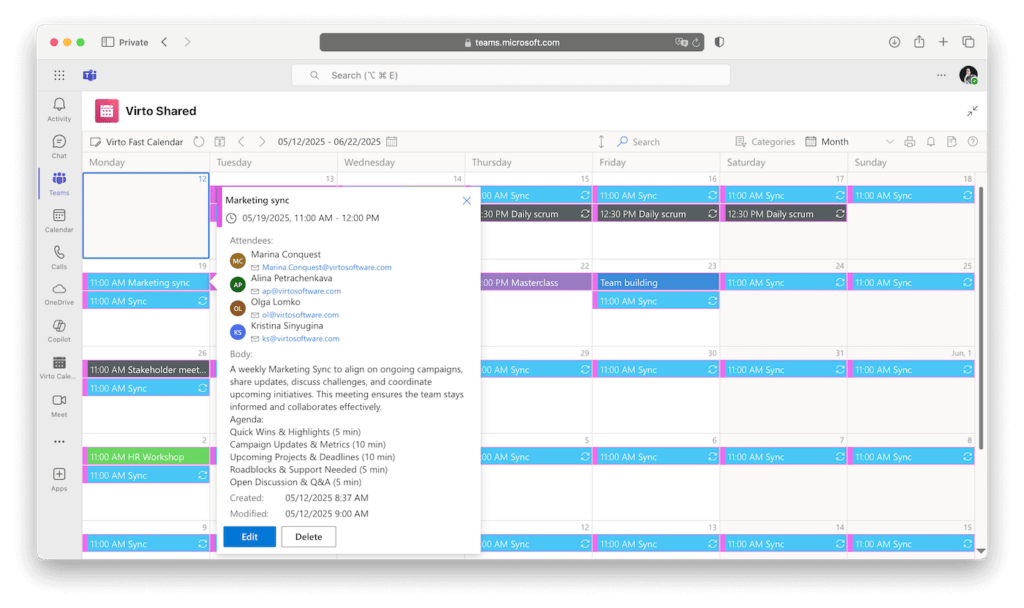 Virto Shared Calendar example